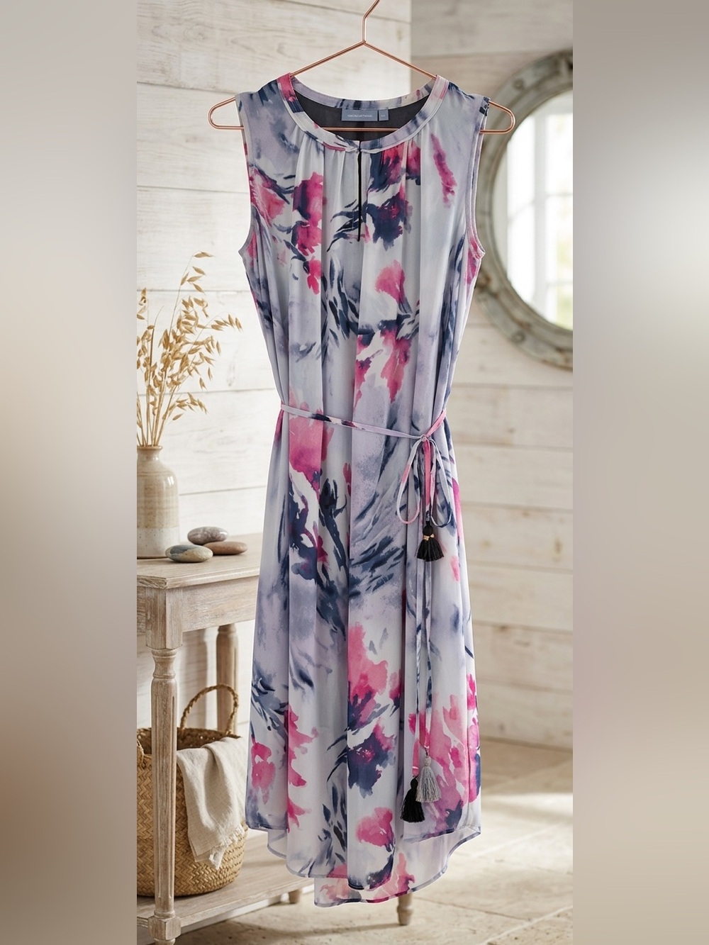 Simply Vera Vera Wang White Floral Watercolor Dress with Pink & Navy Accents